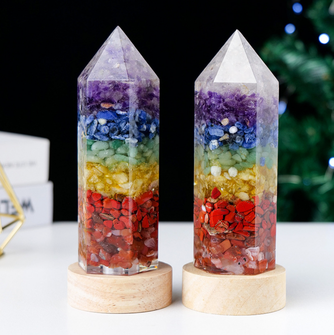 Natural Crystal Tower Night Light with USB, Resin LED and Rainbow 7 Chakra - Perfect for Home Decor and Relaxation