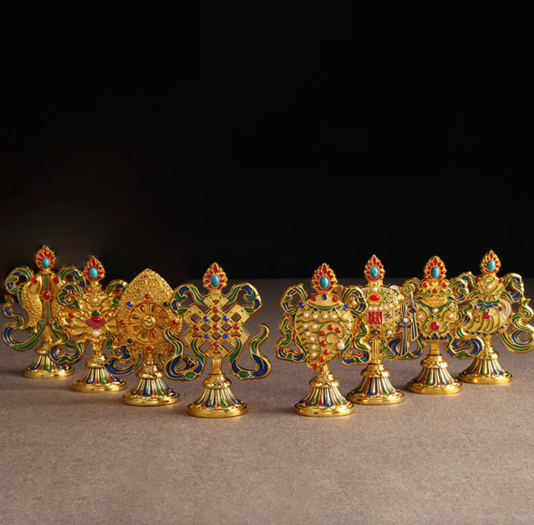 Set of 8 Small Golden Eight Auspicious Symbols Home Altar Decorations - Eight Auspicious Symbols Ornament Set in Gold