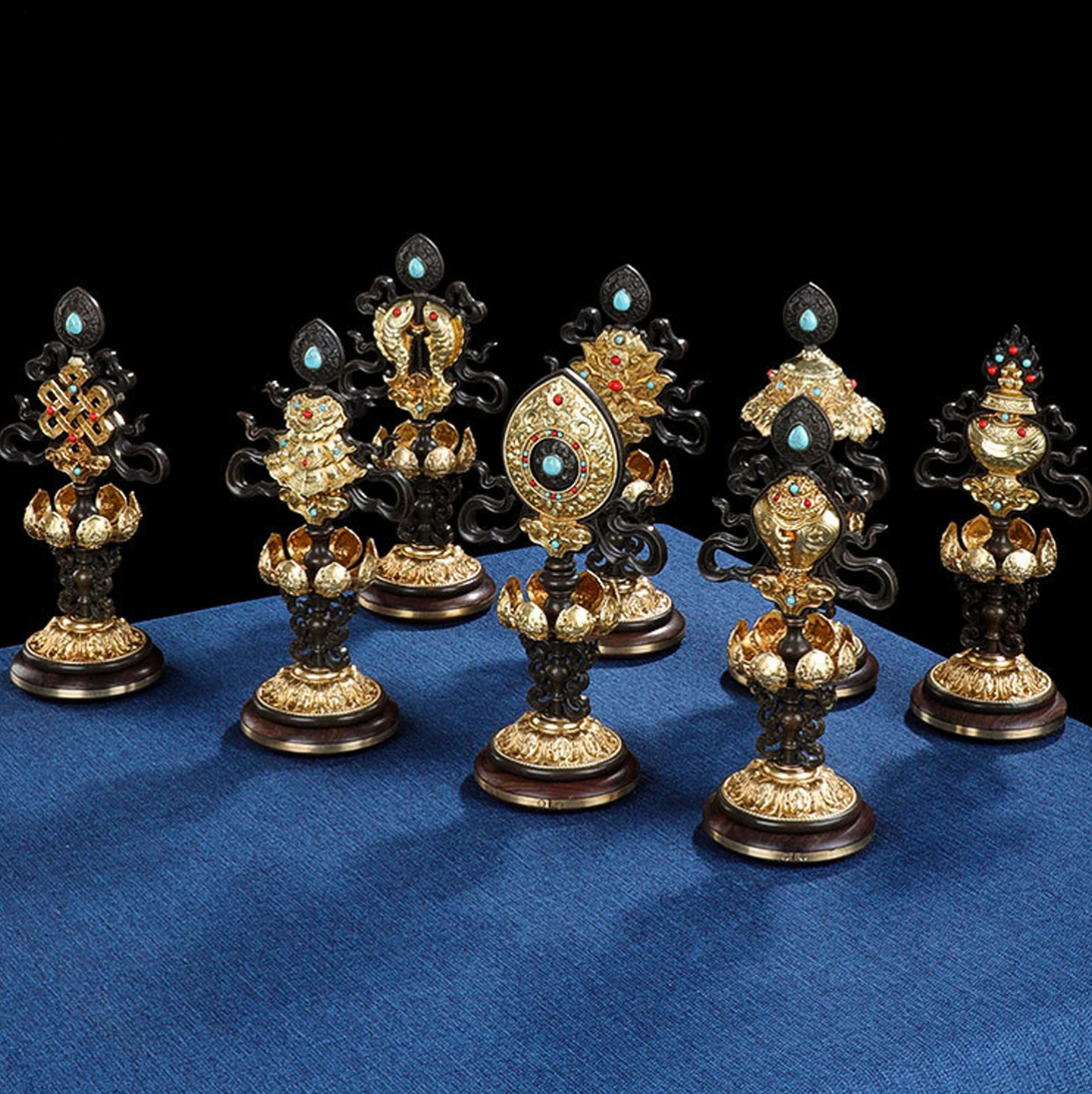 Splendid Grand Eight Auspicious Set for Altar Shrine Offering - Pure Brass with Meticulous Sculptural Detail and Precious Stone on Separate Rosewood Base