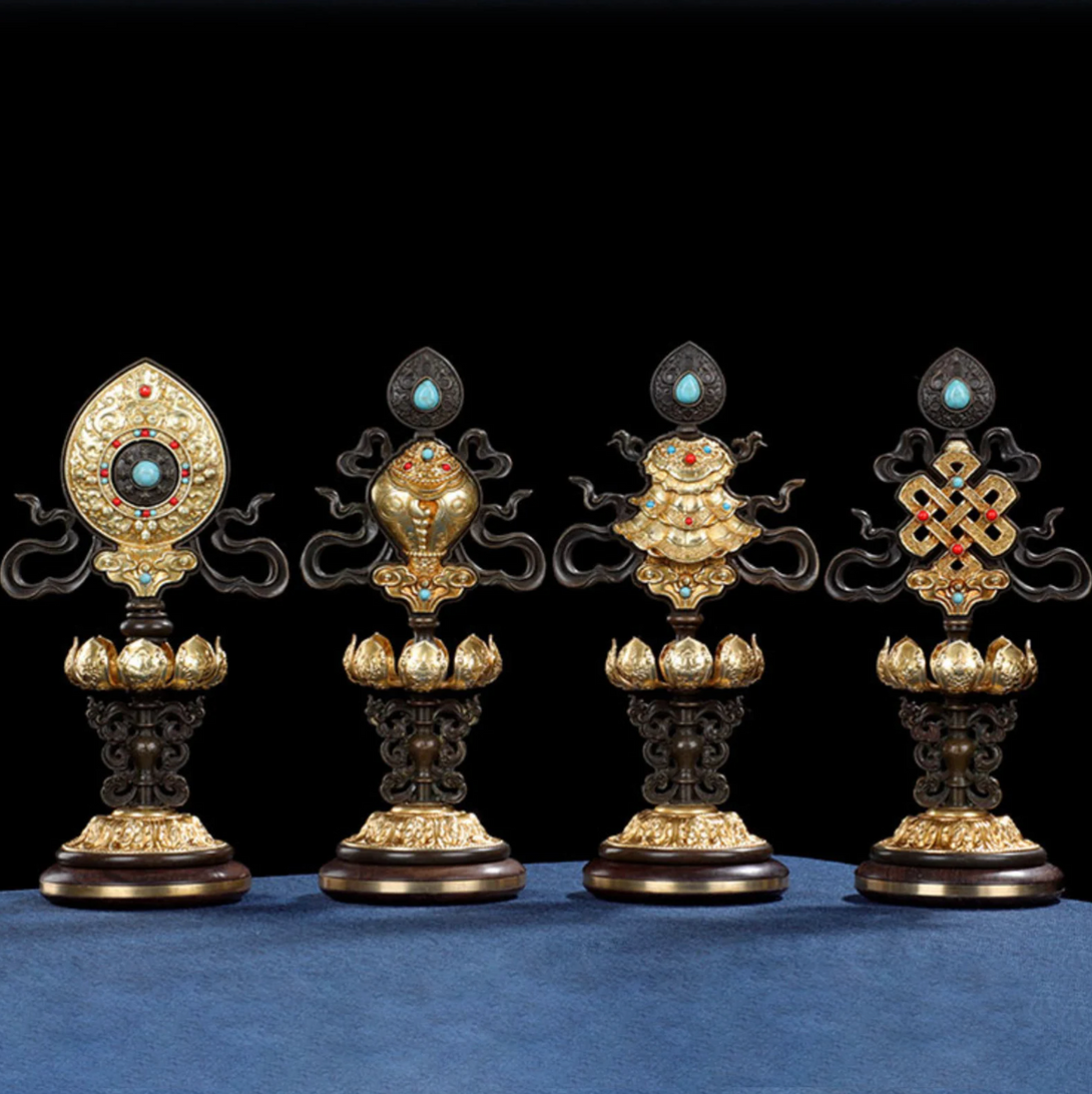 Splendid Grand Eight Auspicious Set for Altar Shrine Offering - Pure Brass with Meticulous Sculptural Detail and Precious Stone on Separate Rosewood Base