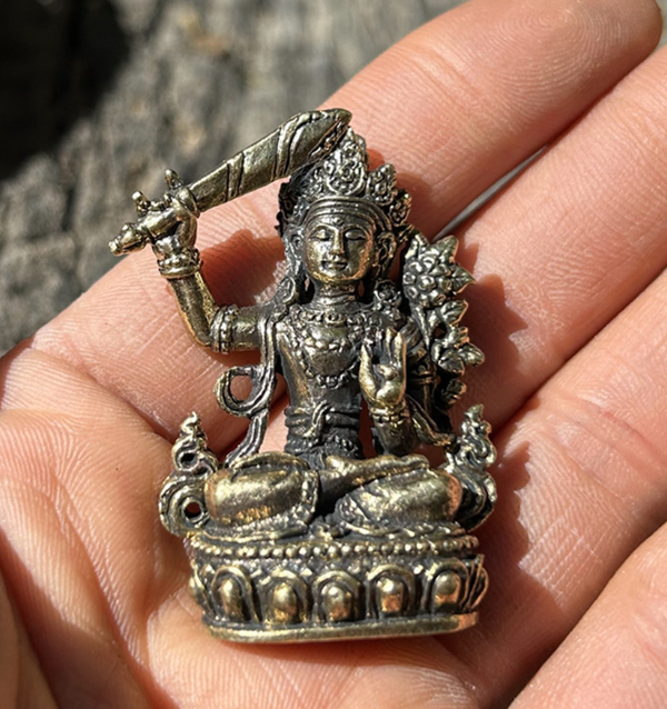 Handmade Brass Mini Buddha Statue of Manjushri from Nepal - Conveniently Portable