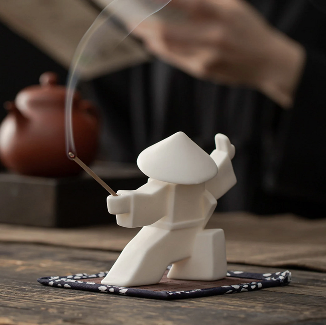 Samurai Kungfu White Ceramic Incense Burner - Ceramic Home Decor, Kongfu Tea Pet Decor