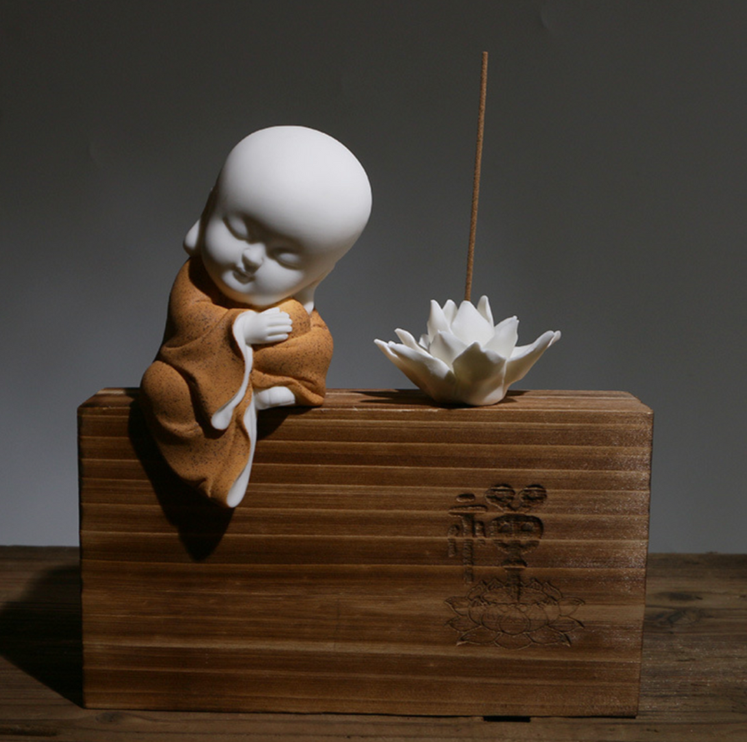 White Porcelain Little Monk Ceramic Figurine - Zen Décor for Home and Office