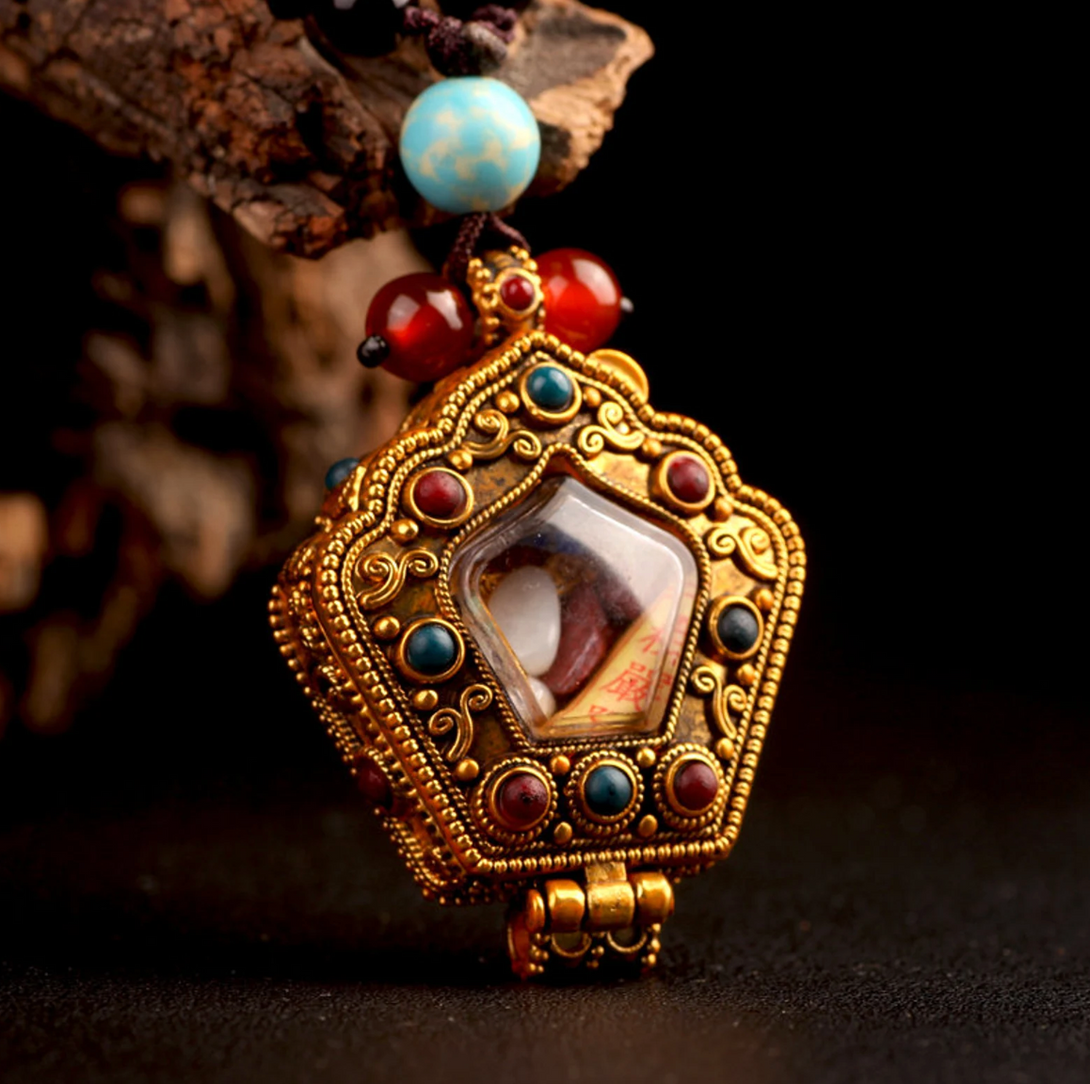 Authentic Tibetan Silver/Gold Alloy Gau Box Amulet Pendant