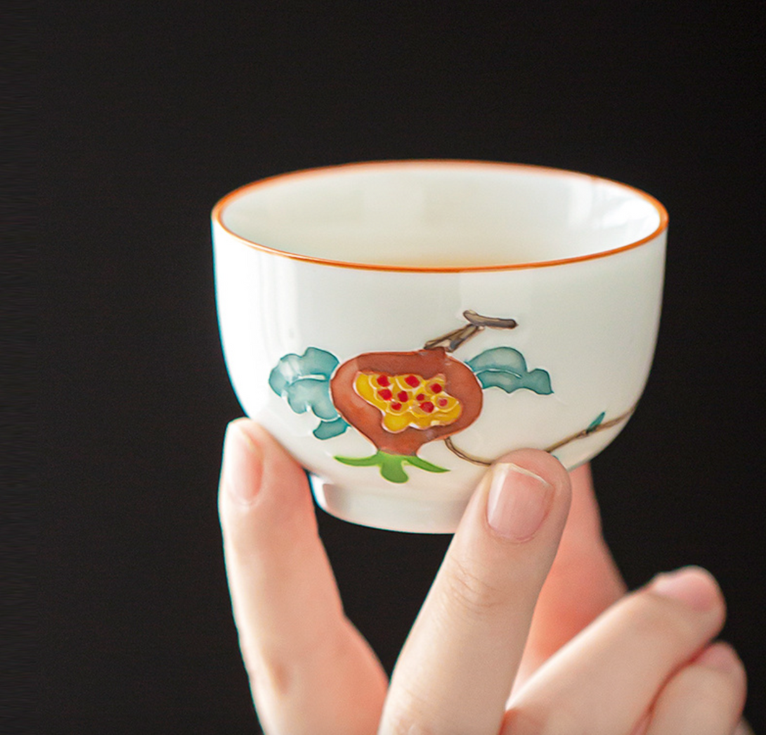 Ceramic Hand-Painted Flower Fish White Porcelain Small Tea Cup Set