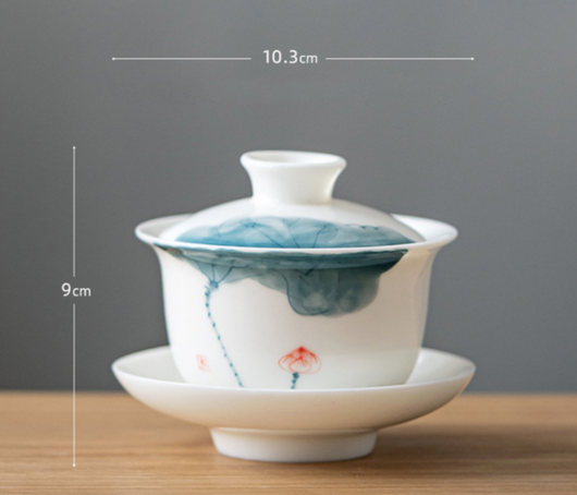 Hand-painted Jade White Lotus Porcelain Covered Cup & Tea Mugv