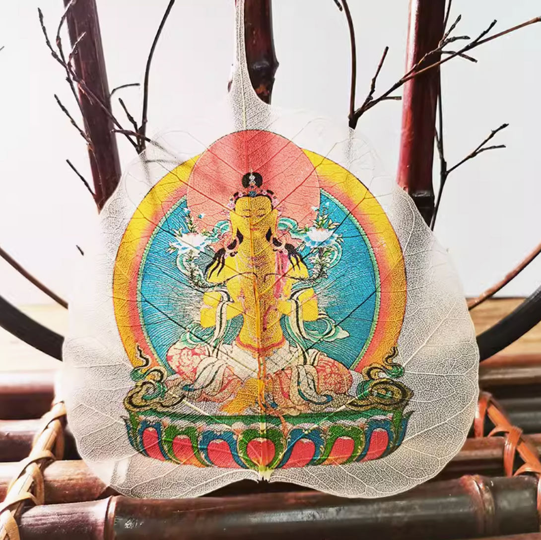 Tibetan Buddhist Bodhi Leaf Thangka in Wooden Picture Frame- Maitreya, Acalanatha, Hayagriva, Akasagarbha, Samantabhadra