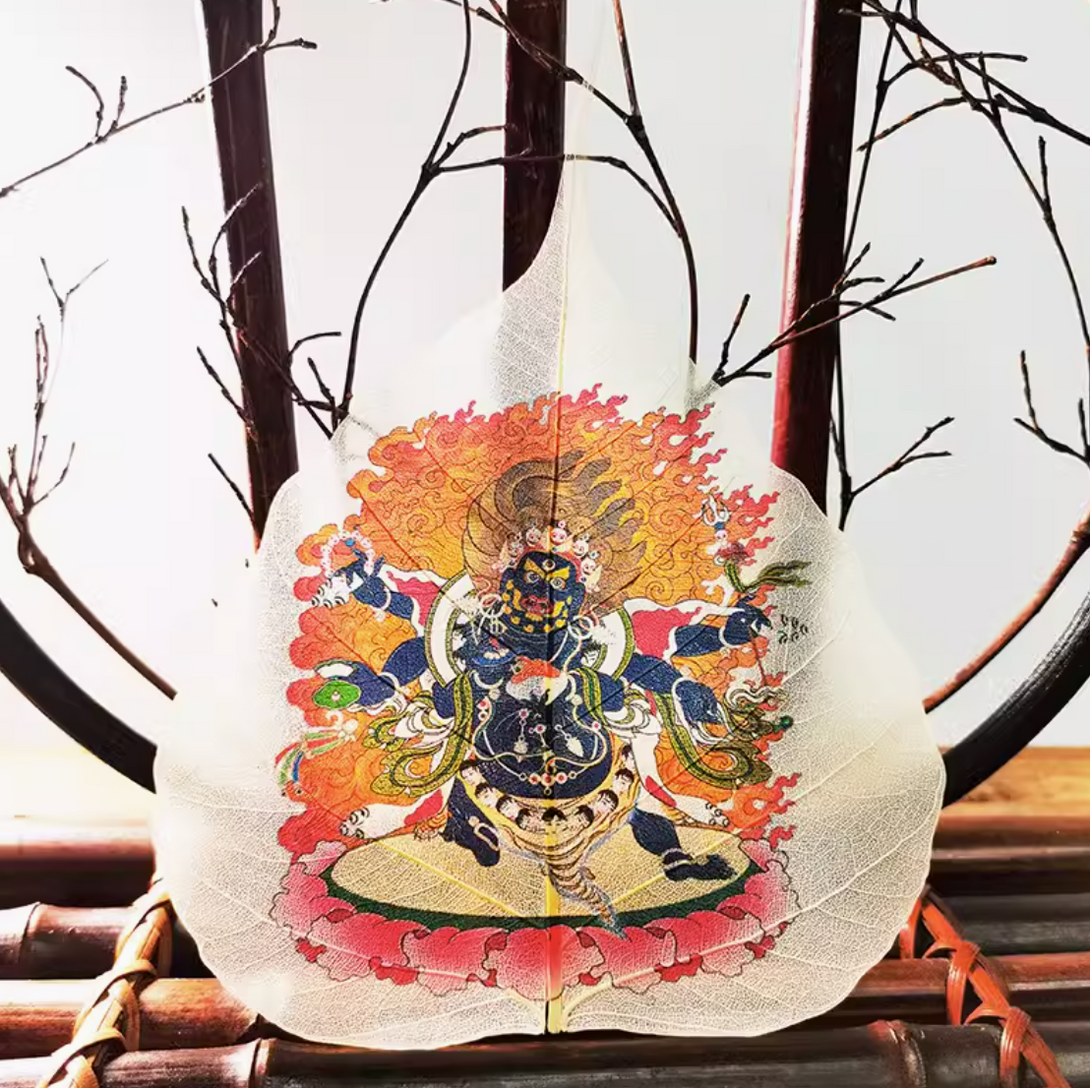 Tibetan Buddhist Bodhi Leaf Thangka in Wooden Picture Frame- Maitreya, Acalanatha, Hayagriva, Akasagarbha, Samantabhadra