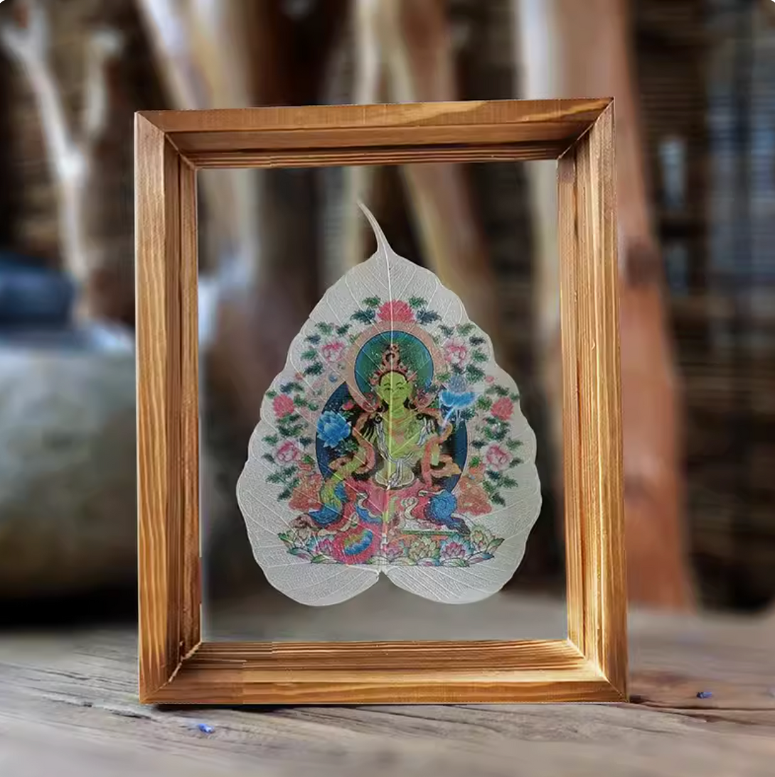 Tibetan Buddhist Bodhi Leaf Thangka in Wooden Picture Frame- Maitreya, Acalanatha, Hayagriva, Akasagarbha, Samantabhadra