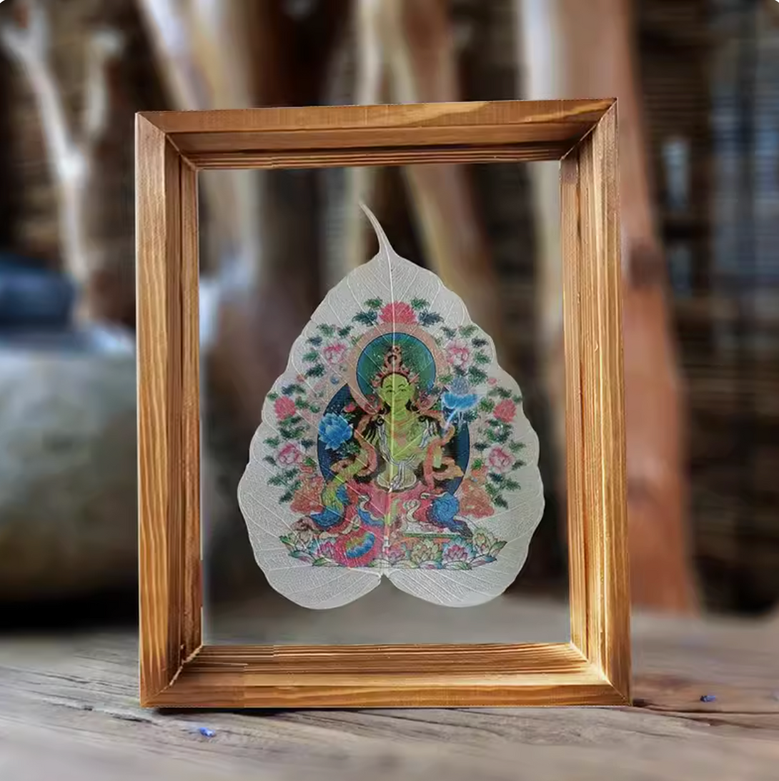 Tibetan Buddhist Bodhi Leaf Thangka in Wooden Picture Frame- Yellow Jambhala, Kurukulla, Sarva pa yajahah, Hayagriva