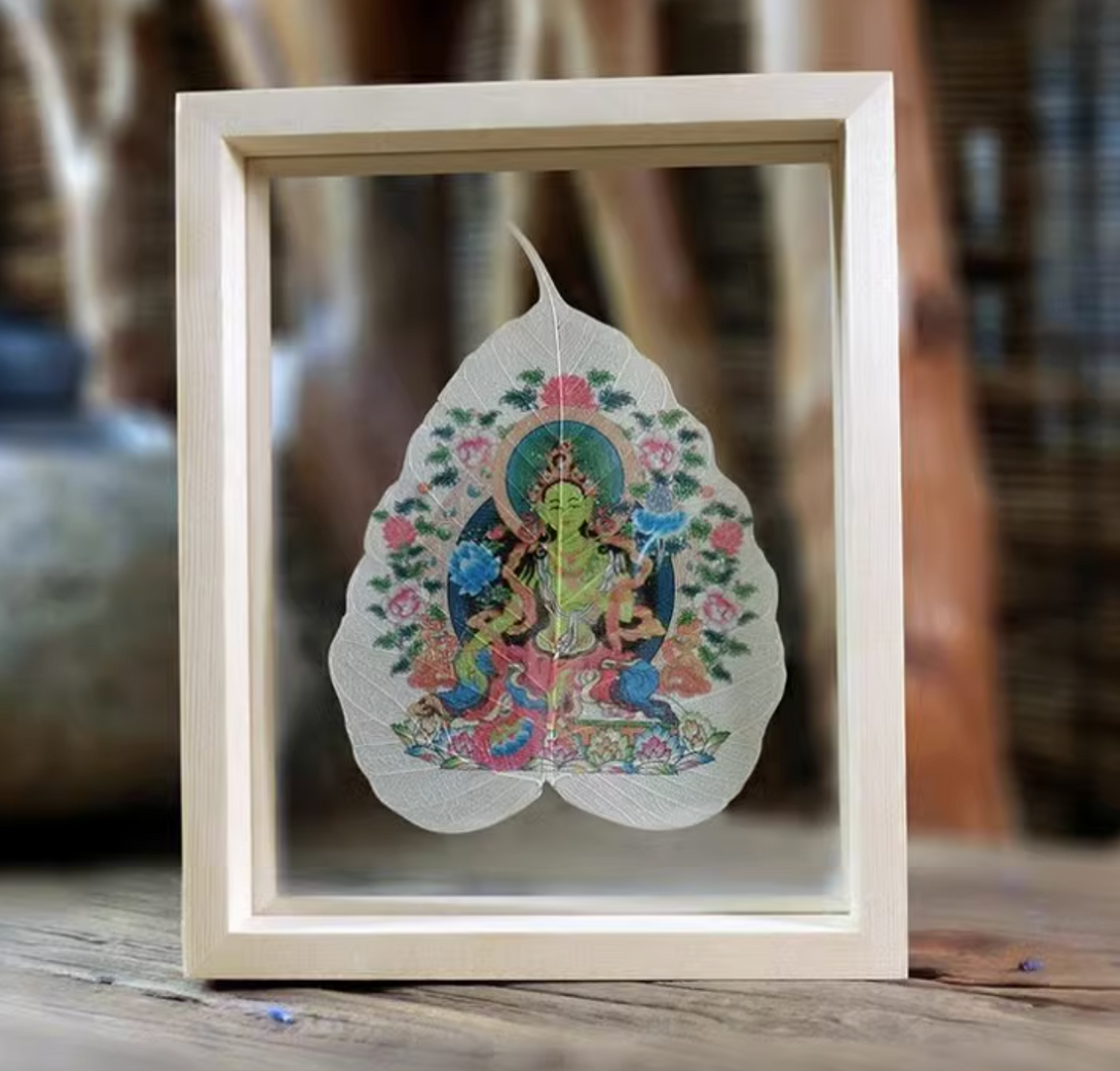 Tibetan Buddhist Bodhi Leaf Thangka in Wooden Picture Frame- Green Tara, Cundhi Bodhisattva, Longevity Buddha, Vaisravana