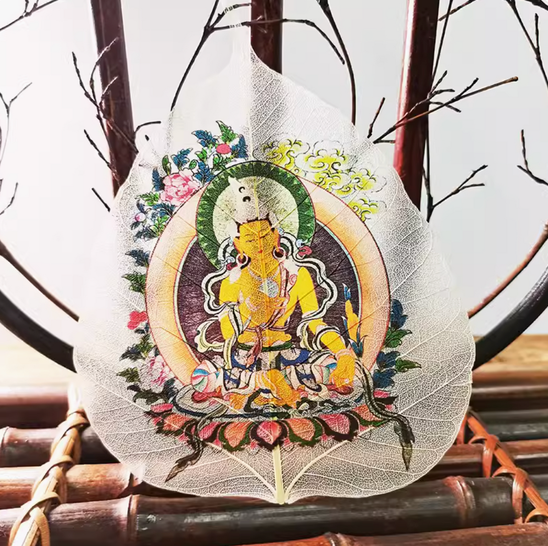 Tibetan Buddhist Bodhi Leaf Thangka in Wooden Picture Frame- White Tara, Ksitigarbha, White Manjushri, Parnashavari, White Canopy Buddha