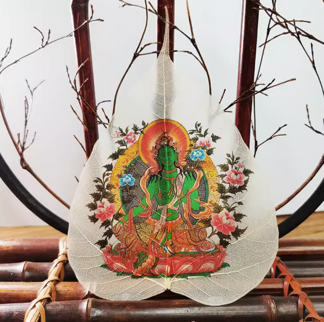 Tibetan Buddhist Bodhi Leaf Thangka in Wooden Picture Frame- Green Tara, Cundhi Bodhisattva, Longevity Buddha, Vaisravana