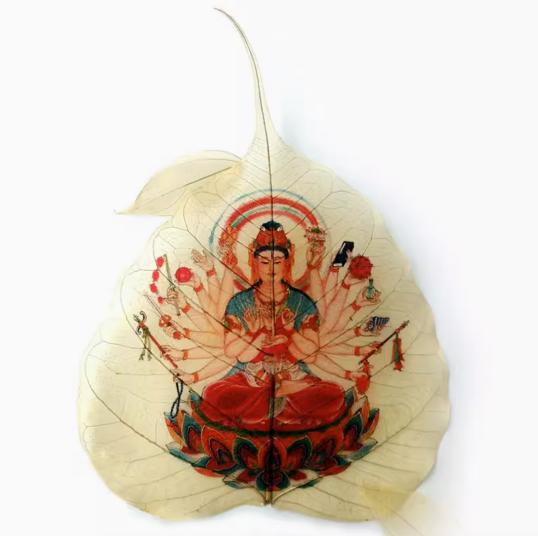 Tibetan Buddhist Bodhi Leaf Thangka in Wooden Picture Frame- Green Tara, Cundhi Bodhisattva, Longevity Buddha, Vaisravana