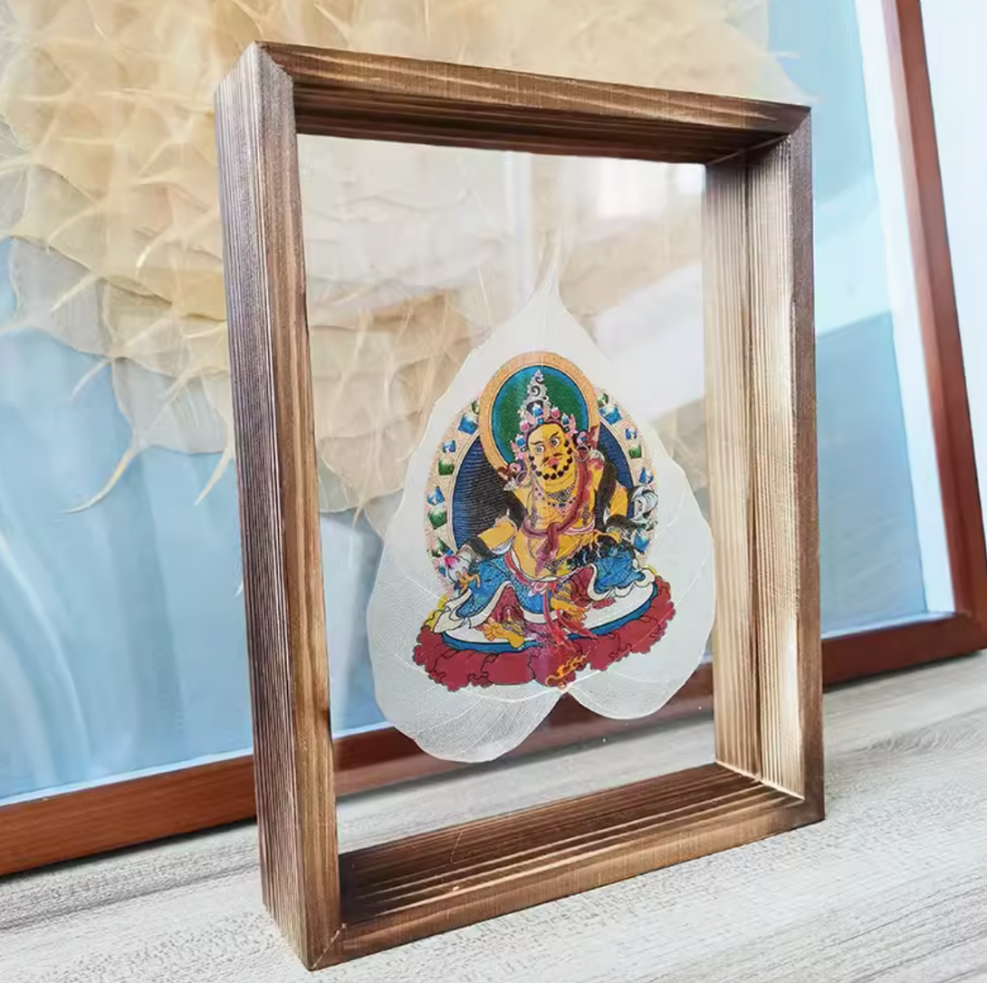 Tibetan Buddhist Bodhi Leaf Thangka in Wooden Picture Frame- Yellow Jambhala, Kurukulla, Sarva pa yajahah, Hayagriva