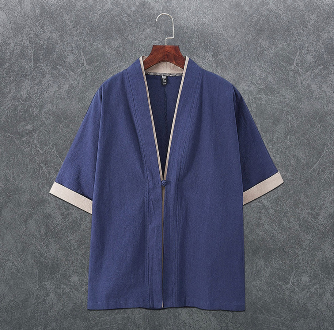 Japanese Style Zen Inspired Cotton Linen Seven-Quarter Sleeve Meditation Kimono Jacket