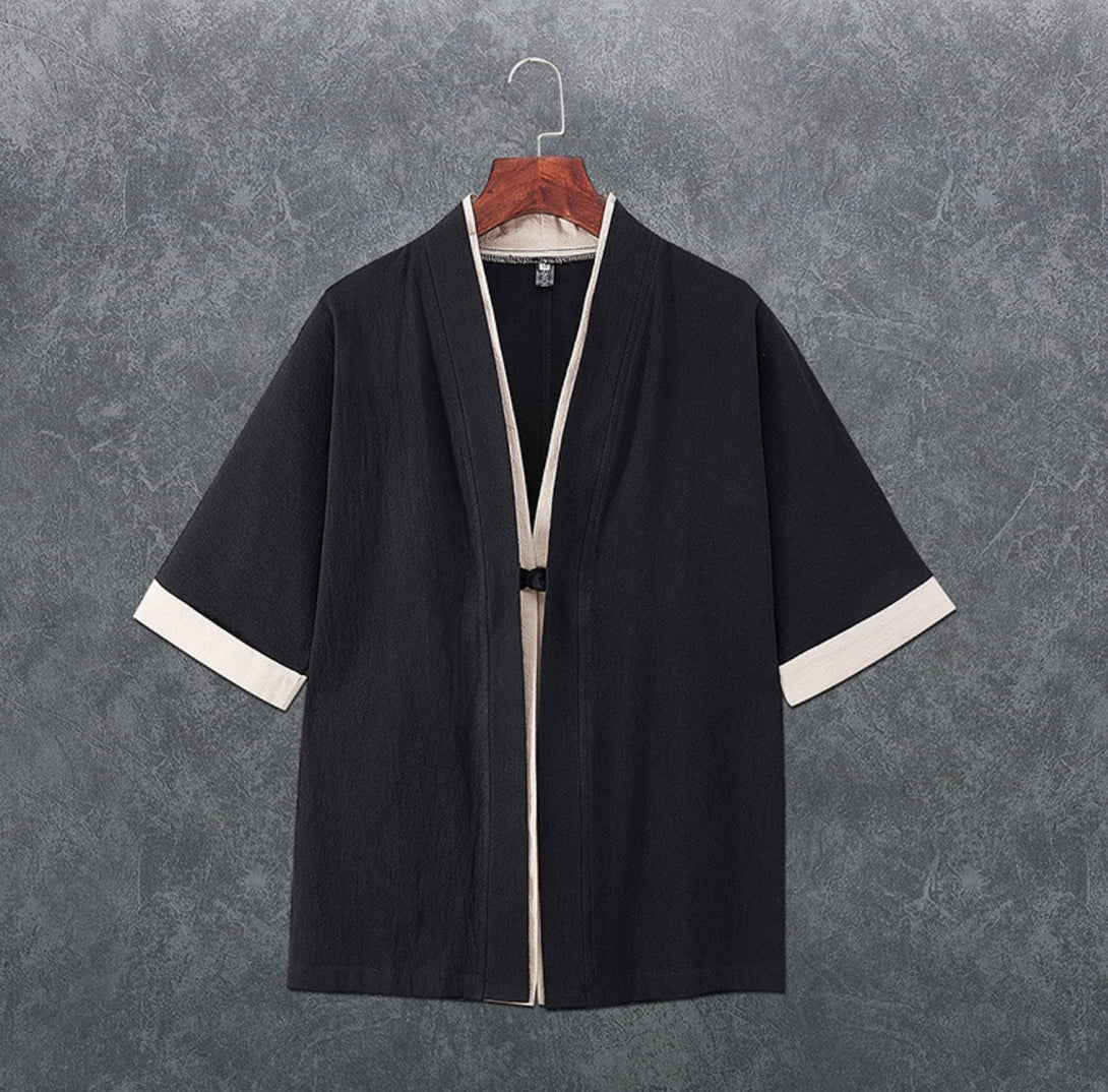 Japanese Style Zen Inspired Cotton Linen Seven-Quarter Sleeve Meditation Kimono Jacket