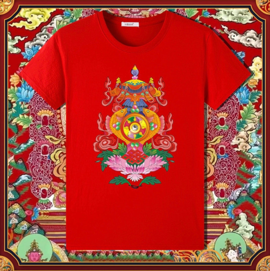 Eight Auspicious Treasures & Yin Yang Unisex Spiritual T-Shirt - 4 Colors Buddhist Apparel Dharma Clothings