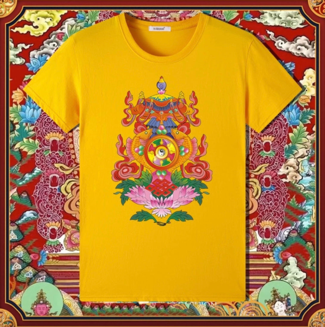 Eight Auspicious Treasures & Yin Yang Unisex Spiritual T-Shirt - 4 Colors Buddhist Apparel Dharma Clothings
