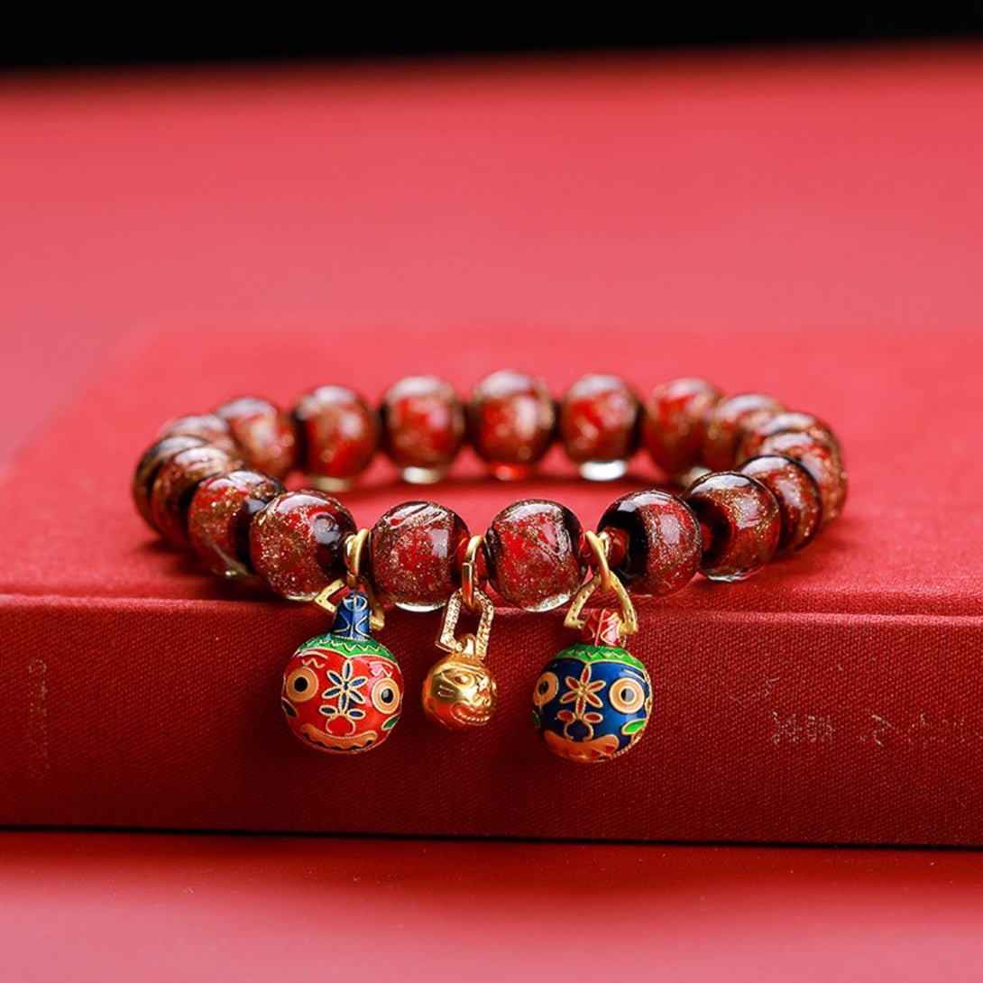 Colorful Treasure Liu Li Glass 10mm Wrist Mala Bracelet with Pi Xiu - Stunning Handcrafted Piece