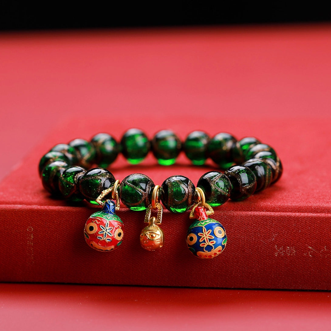 Colorful Treasure Liu Li Glass 10mm Wrist Mala Bracelet with Pi Xiu - Stunning Handcrafted Piece