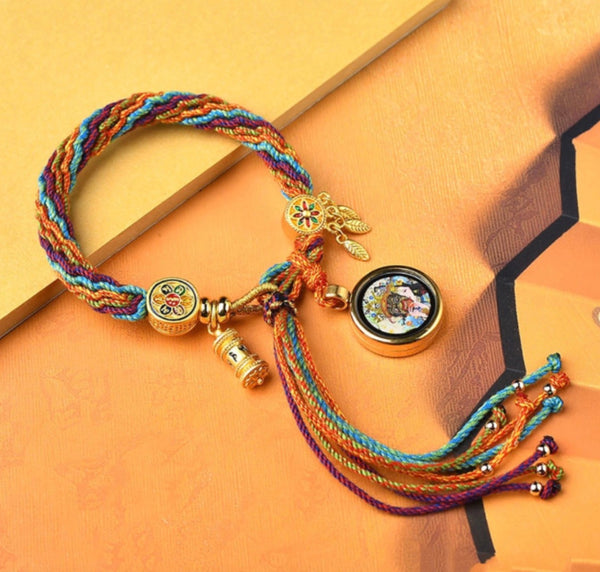 Hand-Painted Thangka Handmade Knotted Bracelet with Om Prayer Wheel