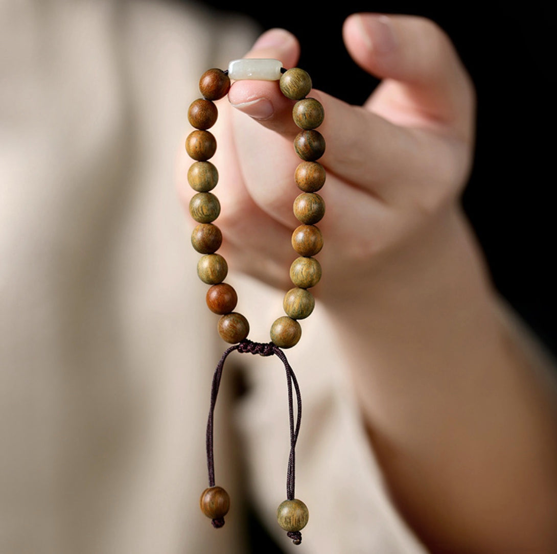 Natural Hetian Jade with Green Sandalwood Wrist Mala Bracelet | Zen Zone Dharma Shop