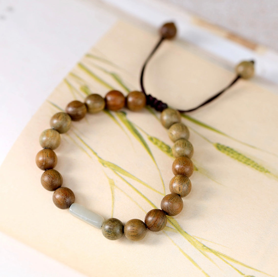 Natural Hetian Jade with Green Sandalwood Wrist Mala Bracelet | Zen Zone Dharma Shop