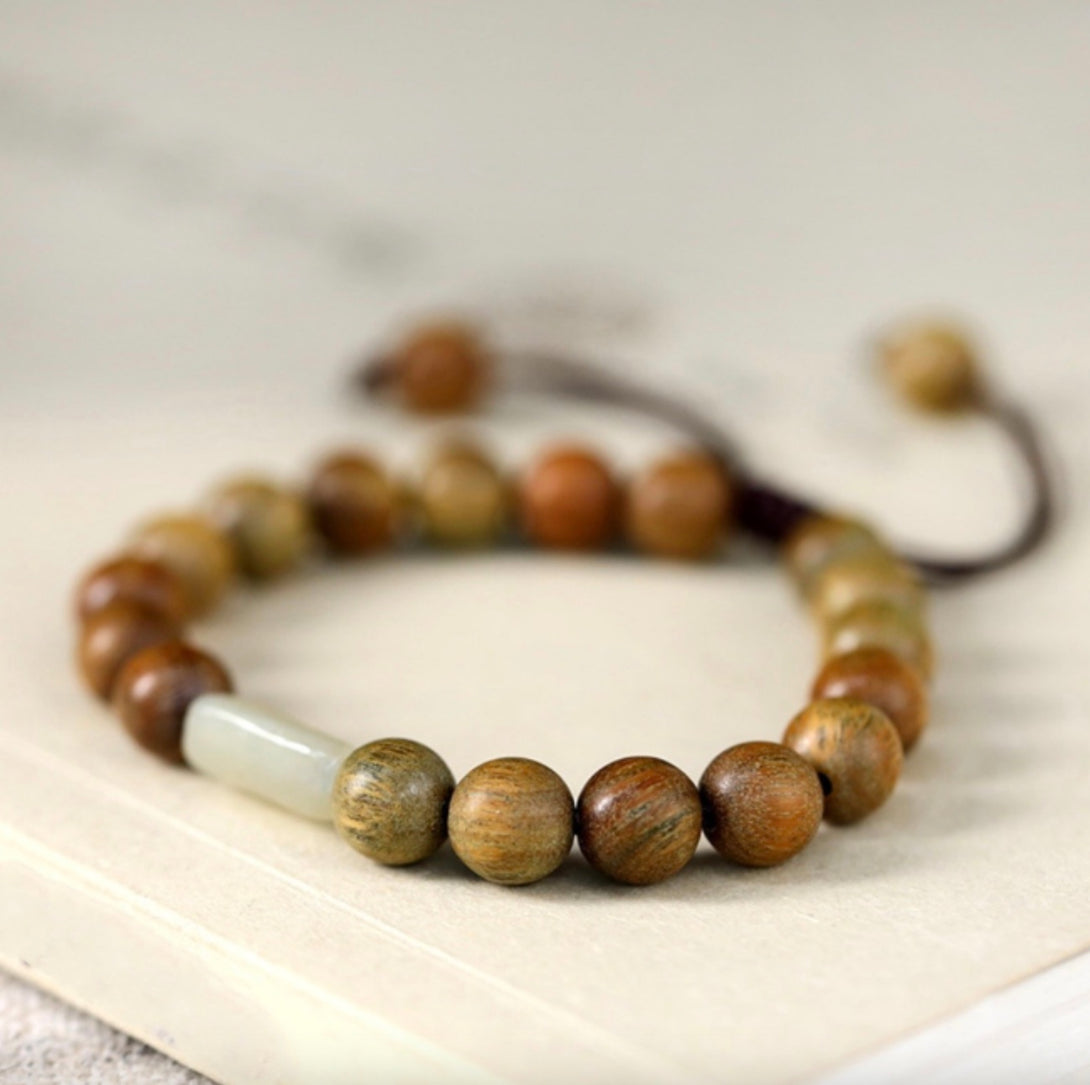 Natural Hetian Jade with Green Sandalwood Wrist Mala Bracelet | Zen Zone Dharma Shop