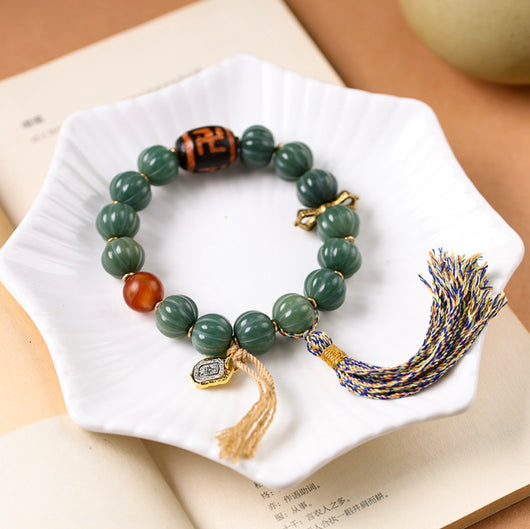 Tibetan Green Bodhi Root Zashi Lhamo Tassel Bracelet Wrist Mala Bracelet | Zen Zone Dharma Shop