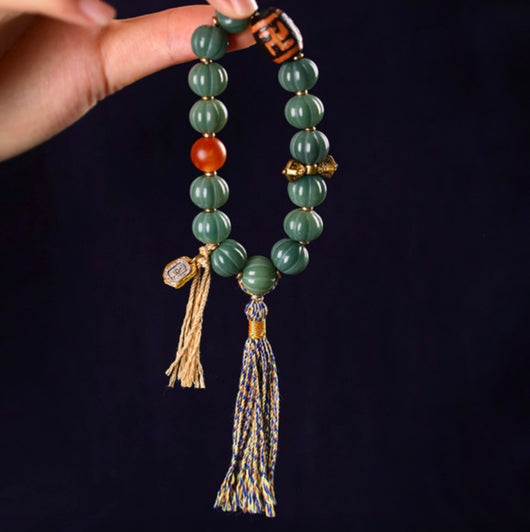 Tibetan Green Bodhi Root Dzi & Zashi Lhamo Tassel Bracelet Wrist Mala Bracelet | Zen Zone Dharma Shop