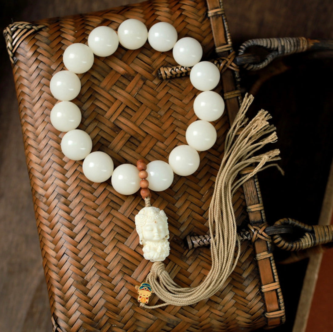 Bodhi Root Ivory Fruit White Tara Tassel Bracelet Wrist Mala Handheld Bracelet | Zen Zone Dharma Shop