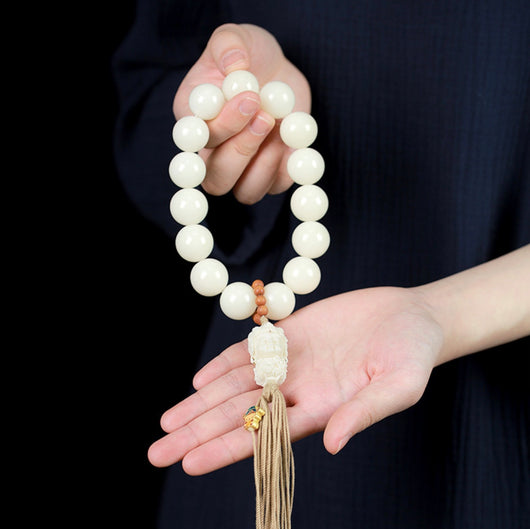 Bodhi Root Ivory Fruit White Tara Tassel Bracelet Wrist Mala Handheld Bracelet | Zen Zone Dharma Shop