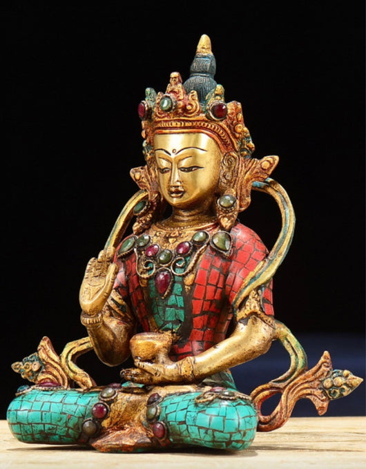 Authentic Handcrafted Nepalese Dipankara Buddha Statue with Pure Copper with Turquoise Inlay | Zen Zone Buddhist Shop