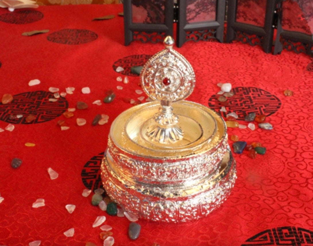 Elegant Tibetan Buddhist Ritual Mini Offering Mandala Set - Gold & Silver | Zen Zone Buddhist Shop