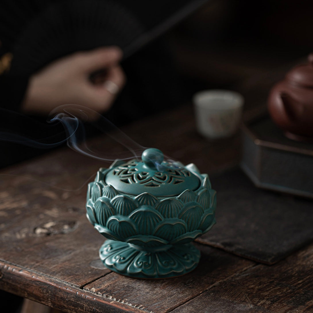 Exquisite Blue and Brown Ceramic Lotus Incense Burner | Zen Zone Buddhist Shop