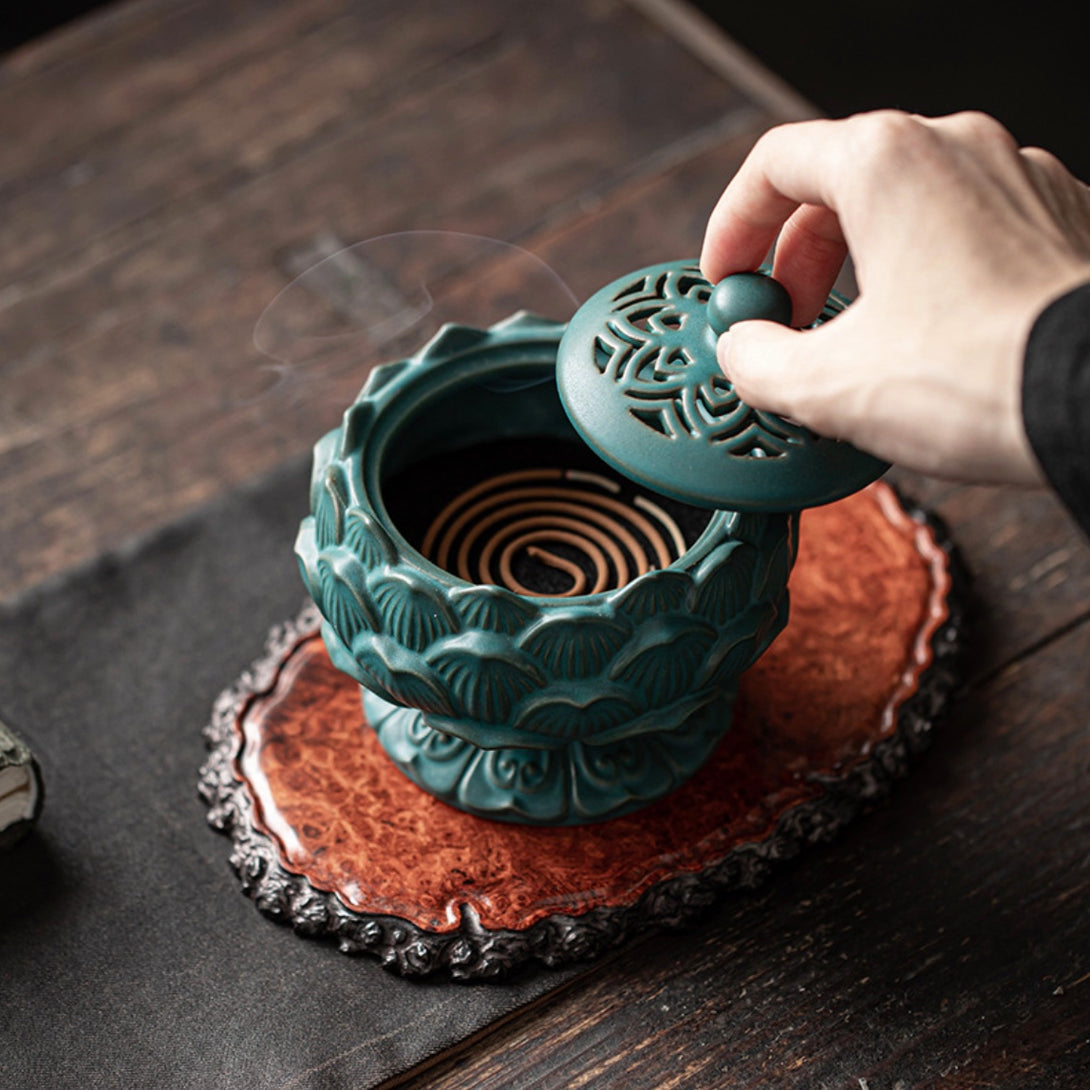 Exquisite Blue and Brown Ceramic Lotus Incense Burner | Zen Zone Buddhist Shop