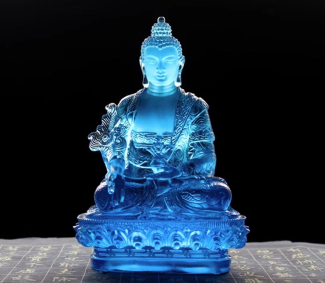 Lustrous Crystal LiuLi Glass Medicine Buddha Statue - Three Sizes Available | Zen Zone Buddhist Shop