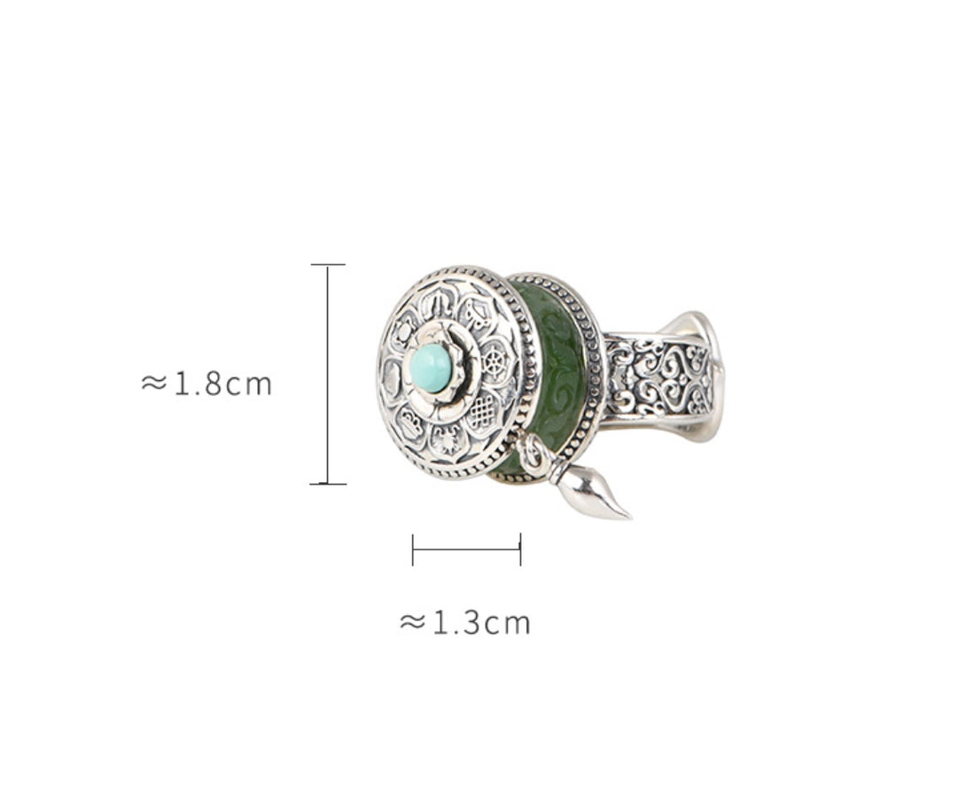 S925 Spinach Jade Prayer Wheel Sterling Silver Buddhist Ring - Freesize & Adjustable | Buddhist Jewellery | Zen Zone Buddhist Shop