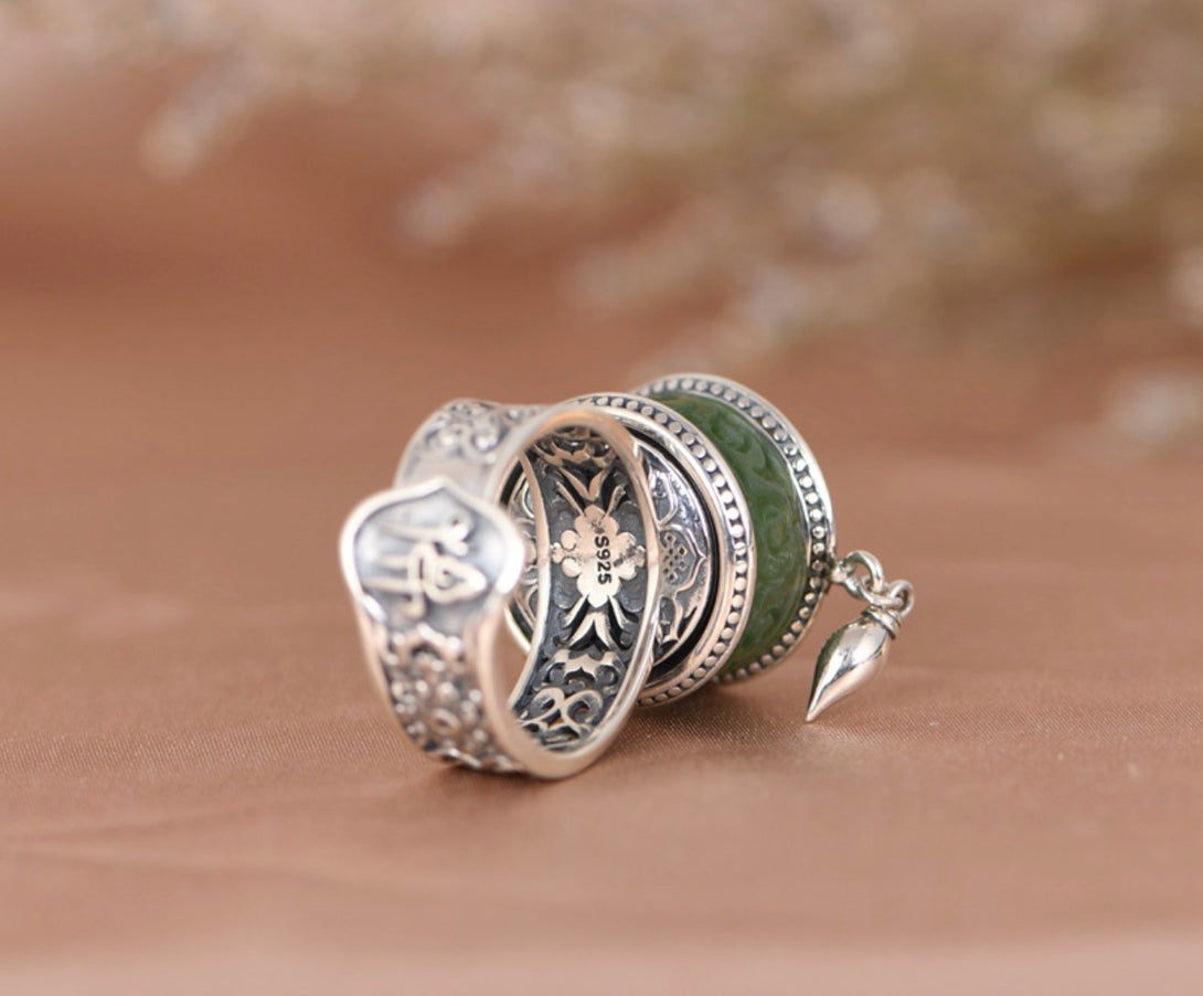 S925 Spinach Jade Prayer Wheel Sterling Silver Buddhist Ring - Freesize & Adjustable | Buddhist Jewellery | Zen Zone Buddhist Shop