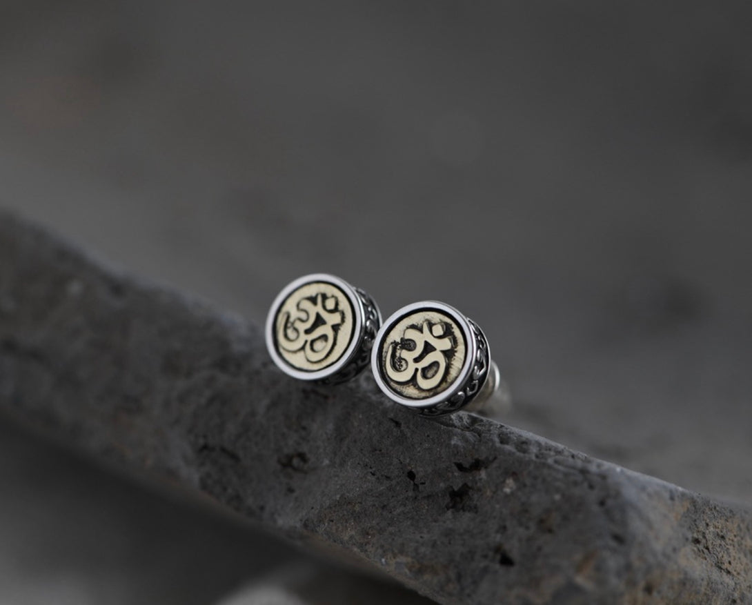 S925 Buddhist Om Sterling Silver & Brass Stud Earrings | Buddhist Jewellery | Zen Zone Buddhist Shop