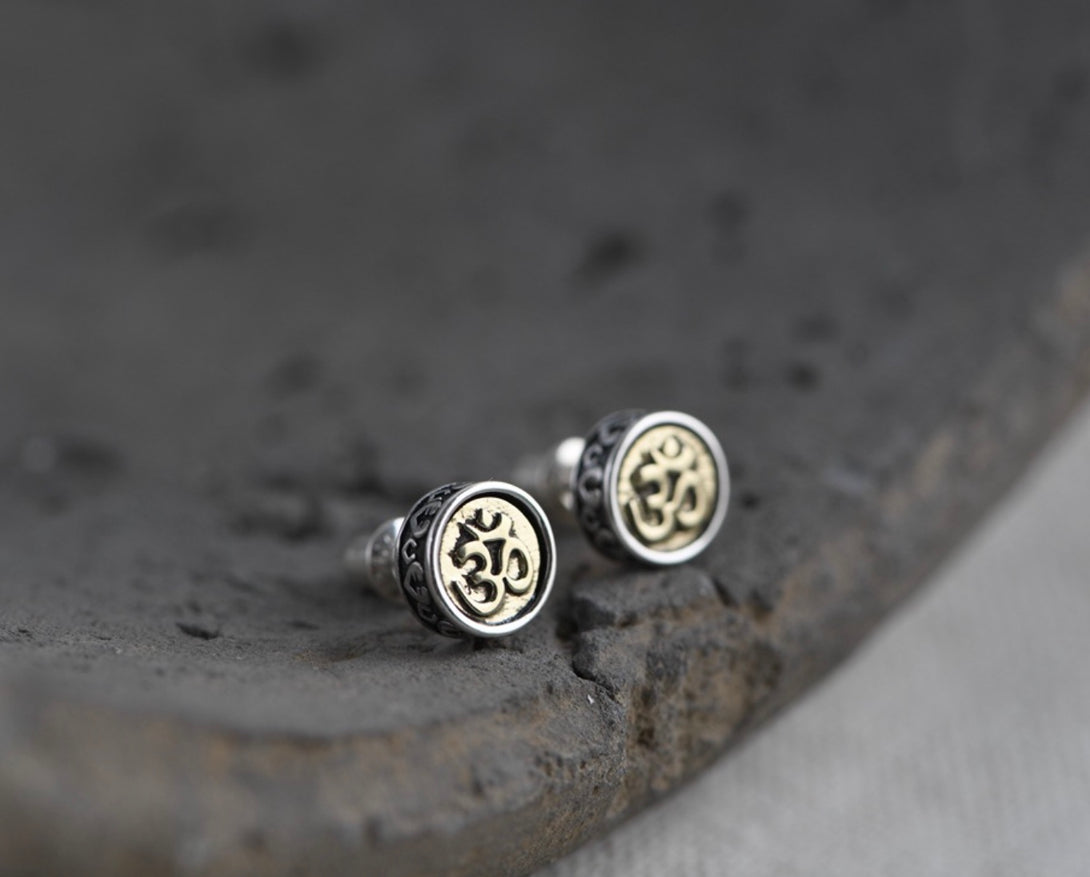 S925 Buddhist Om Sterling Silver & Brass Stud Earrings | Buddhist Jewellery | Zen Zone Buddhist Shop