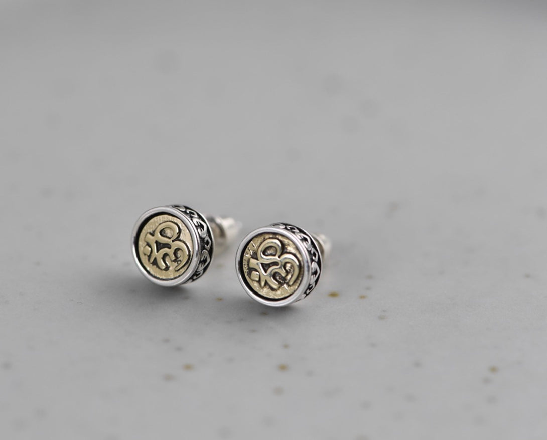 S925 Buddhist Om Sterling Silver & Brass Stud Earrings | Buddhist Jewellery | Zen Zone Buddhist Shop