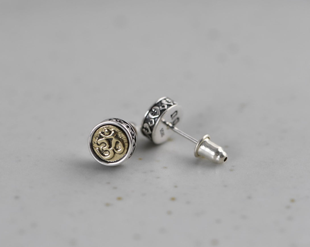 S925 Buddhist Om Sterling Silver & Brass Stud Earrings | Buddhist Jewellery | Zen Zone Buddhist Shop