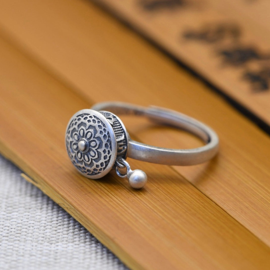 S925 Om Mani Padme Hum Prayer Wheel Sterling Silver Ring | Buddhist Jewellery | Zen Zone Buddhist Shop