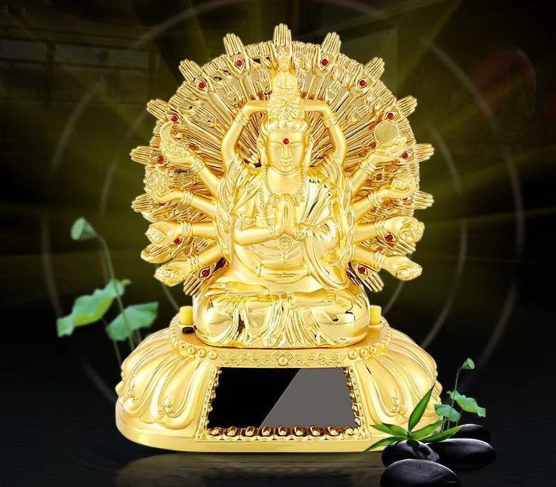 Solar-Powered Rotating Alloy Thousand-Armed Guanyin Avalokiteshvara Car Dashboard Décor with Mala Beads | Zen Zone Buddhist Shop