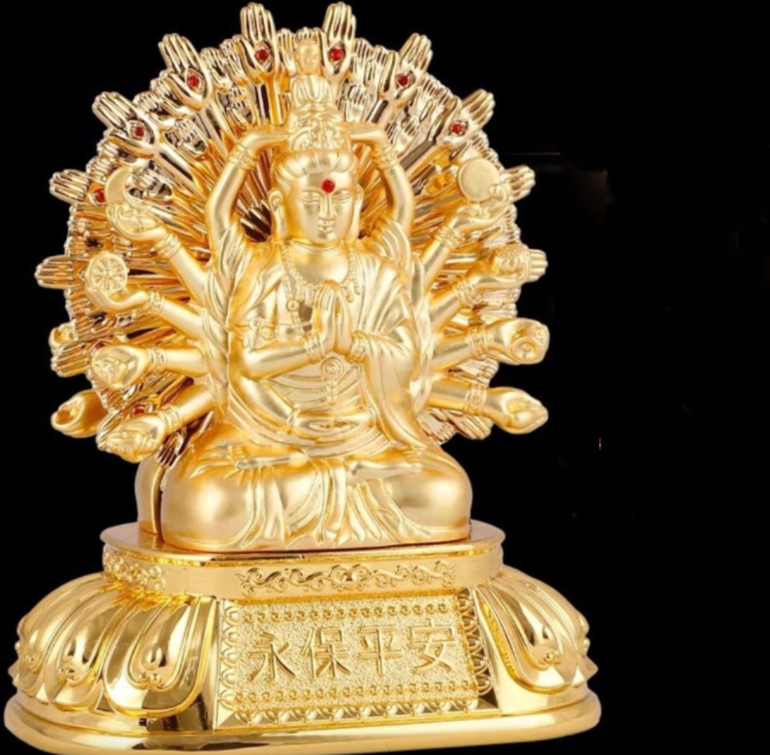 Solar-Powered Rotating Alloy Thousand-Armed Guanyin Avalokiteshvara Car Dashboard Décor with Mala Beads | Zen Zone Buddhist Shop
