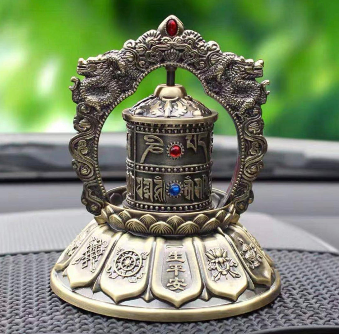 Solar-Powered Rotating Alloy Double Dragon Prayer Wheel Car Dashboard Décor - Gold & Antique Bronze | Zen Zone Buddhist Shop