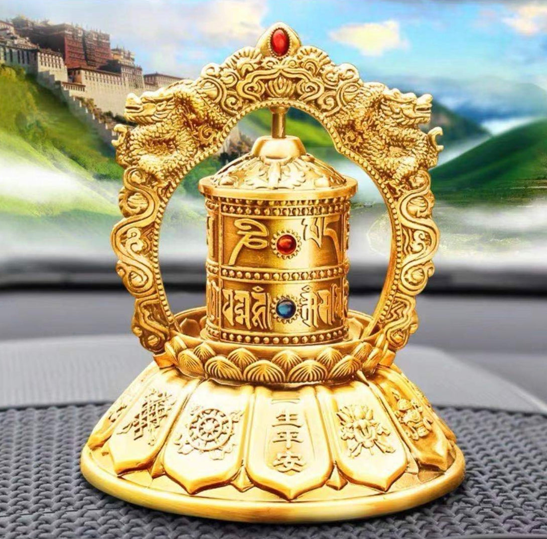 Solar-Powered Rotating Alloy Double Dragon Prayer Wheel Car Dashboard Décor - Gold & Antique Bronze | Zen Zone Buddhist Shop