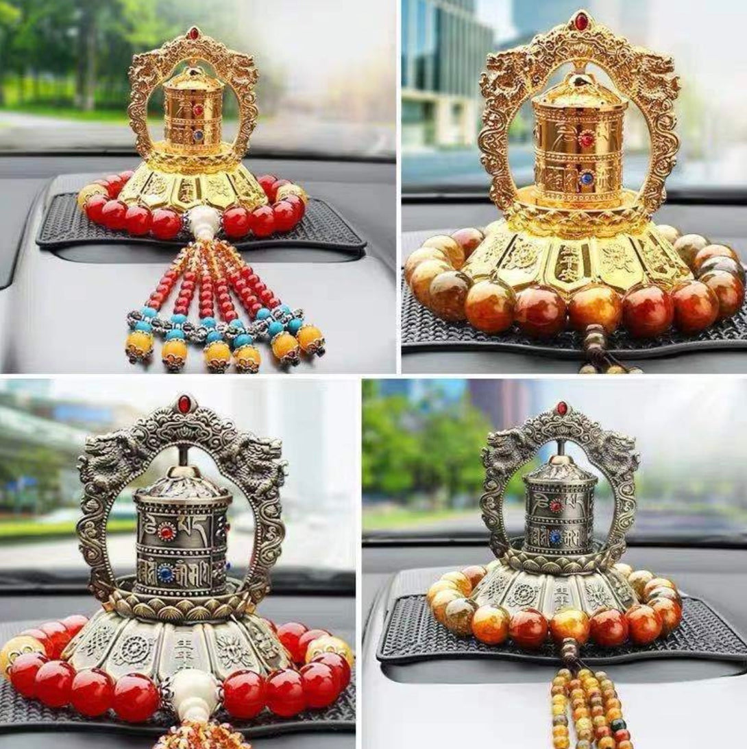 Solar-Powered Rotating Alloy Double Dragon Prayer Wheel Car Dashboard Décor - Gold & Antique Bronze | Zen Zone Buddhist Shop